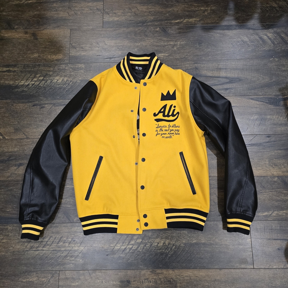 Rare Sold Out Roots Of Fight Yellow and Black Leather Varsity Jacket